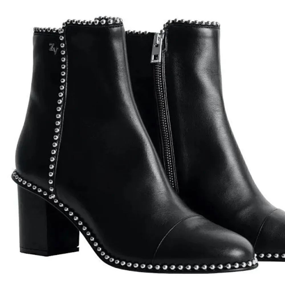 Zadig & Voltaire Women's Black Lena Studded Mid Heel Leather Ankle Boot 38 NWOT